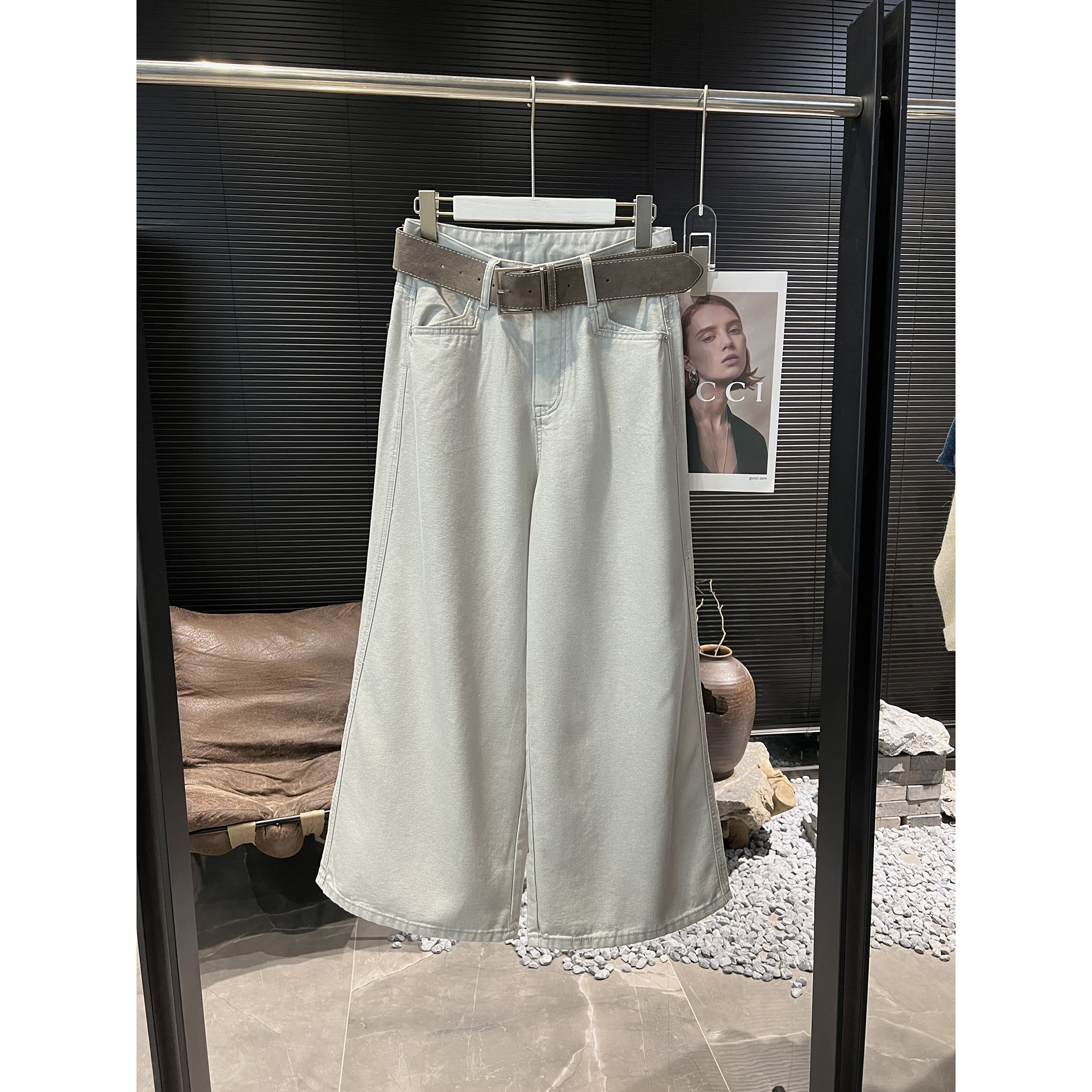 配腰带灰白色阔腿九分牛仔裤11032（清）