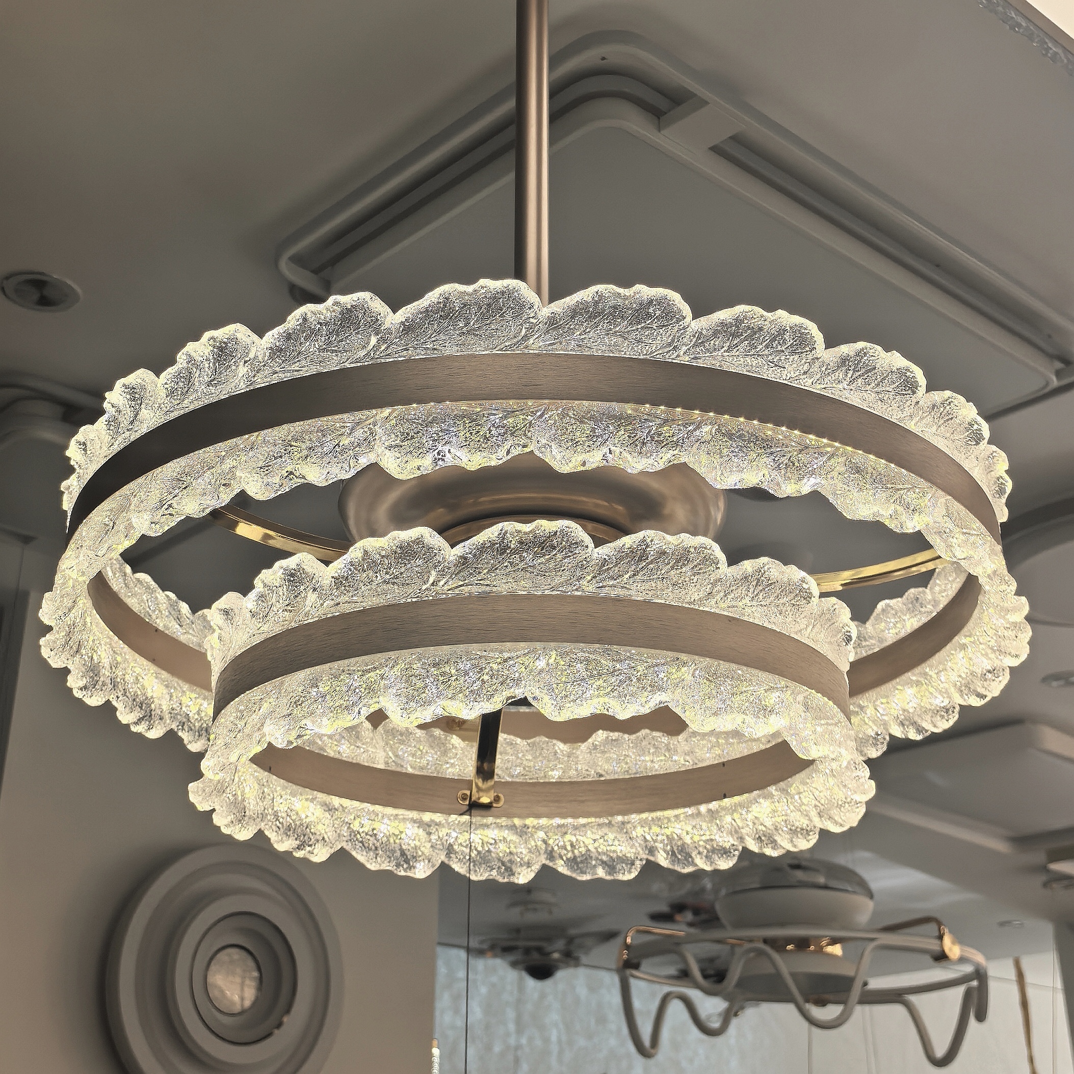 高档餐厅水晶风扇灯客厅双圈隐形轻奢现代简约一体吊扇灯中山灯具