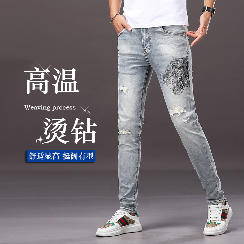 2025夏款烫钻老虎银白色修身显瘦男士小直筒牛仔长裤港风弹力时尚