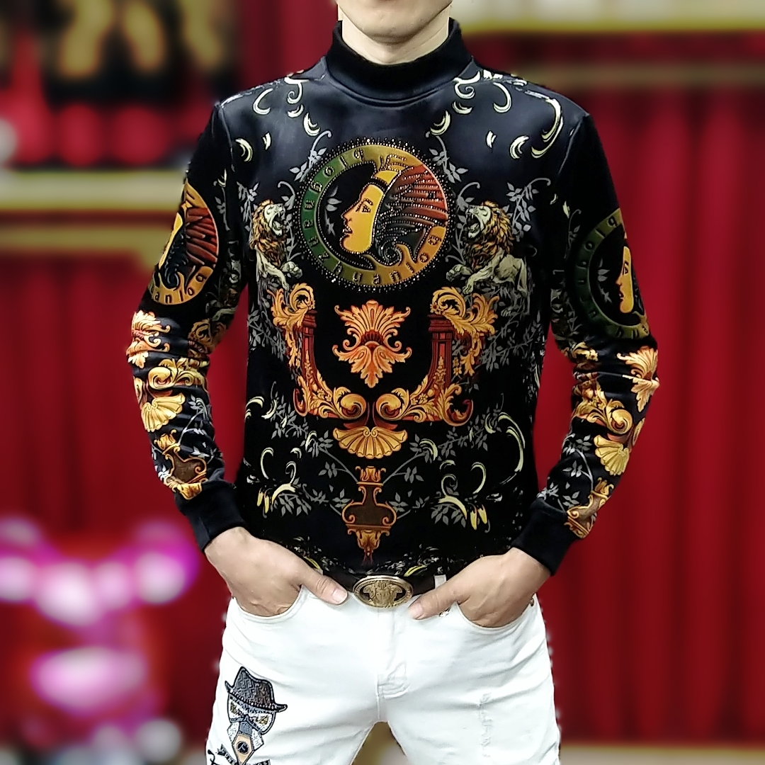 秋冬男士欧货休闲时尚半高领提花烫钻加绒长袖潮流修身保暖卫衣