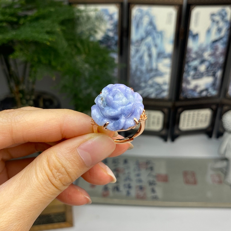 925银镶紫罗兰飘花花开富贵戒指 天然翡翠A货 