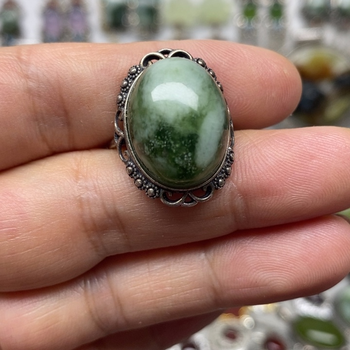 蛇纹石玉戒指银S925镶嵌