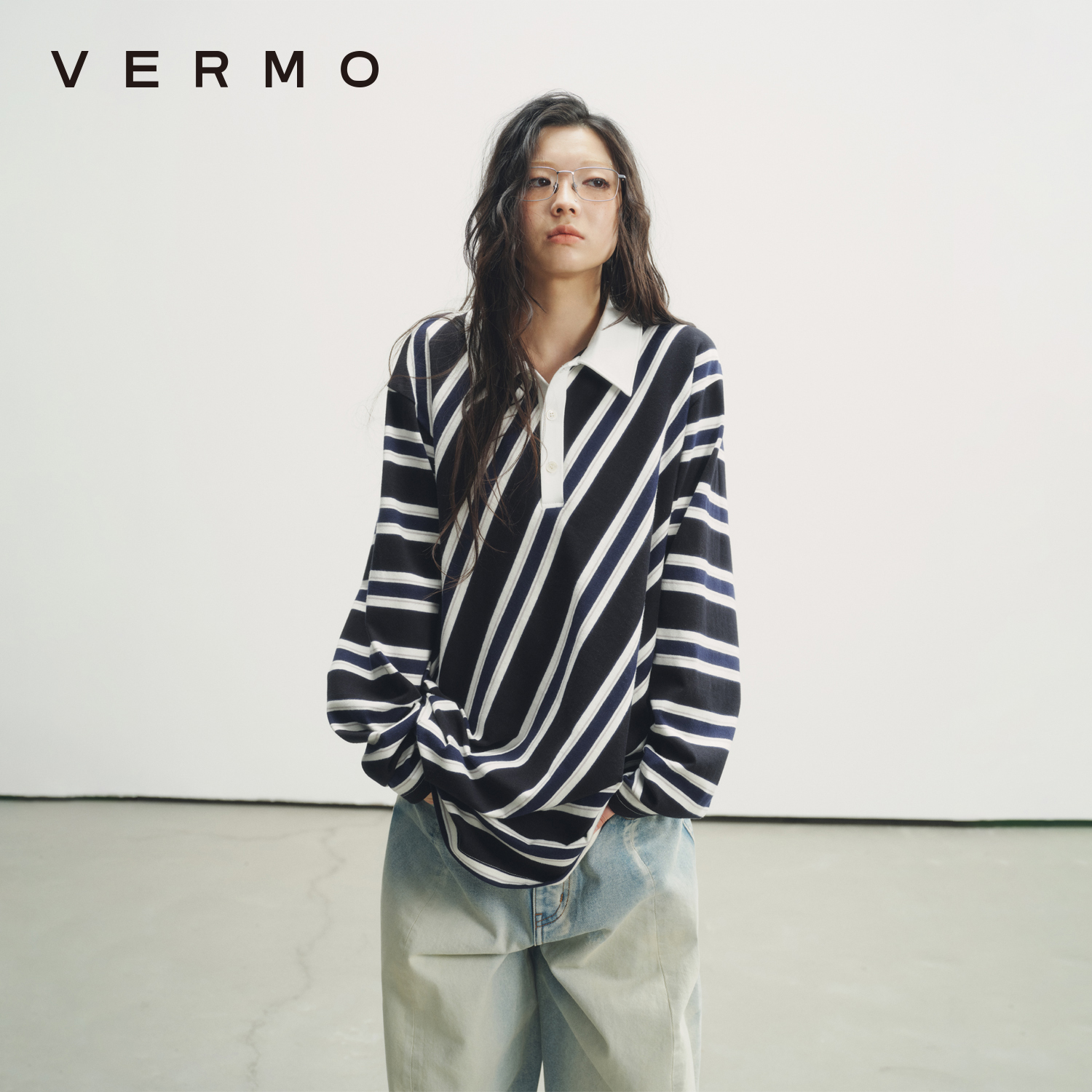 VERMO 堆积褶皱 斜裁条纹复古撞色针织长袖宽松POLO衫上衣8446