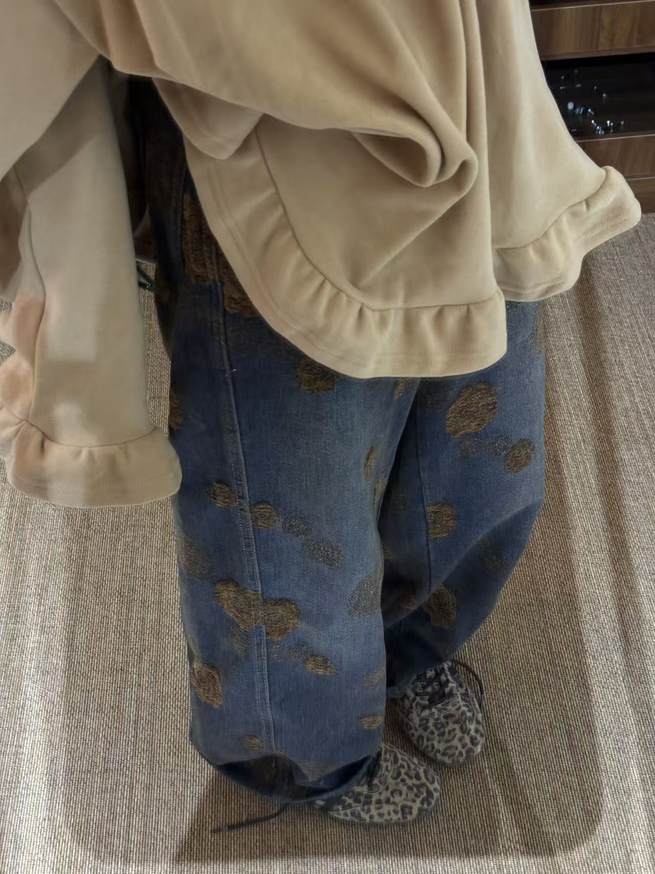 李豆儿 小众定制 植绒提花加绒加厚提牛仔裤