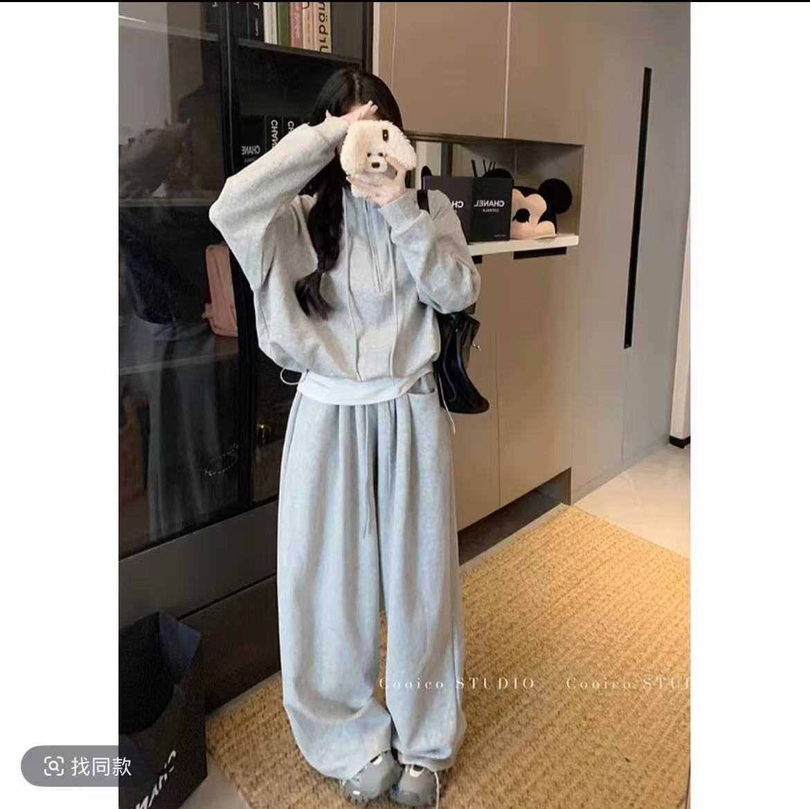 yy2025秋季新款休闲慵懒风卫衣卫裤套装女高腰显瘦阔设计感两件套