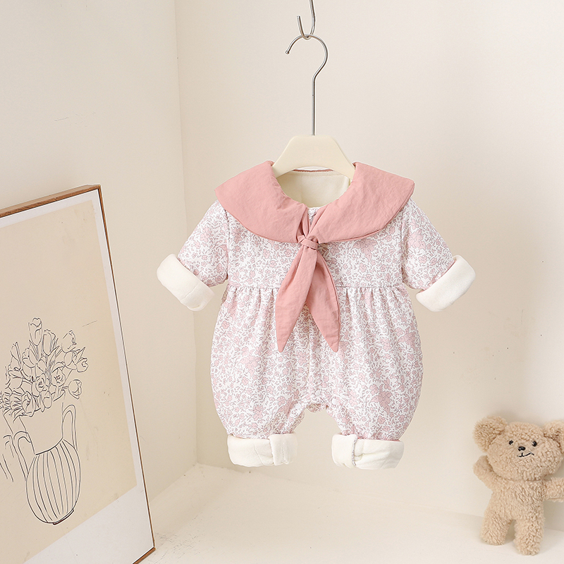 冬季甜美爬服海军领碎花薄棉哈衣婴儿连体衣加绒连体衣新生儿