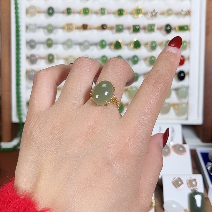 和田玉戒指银S925镀金镶嵌