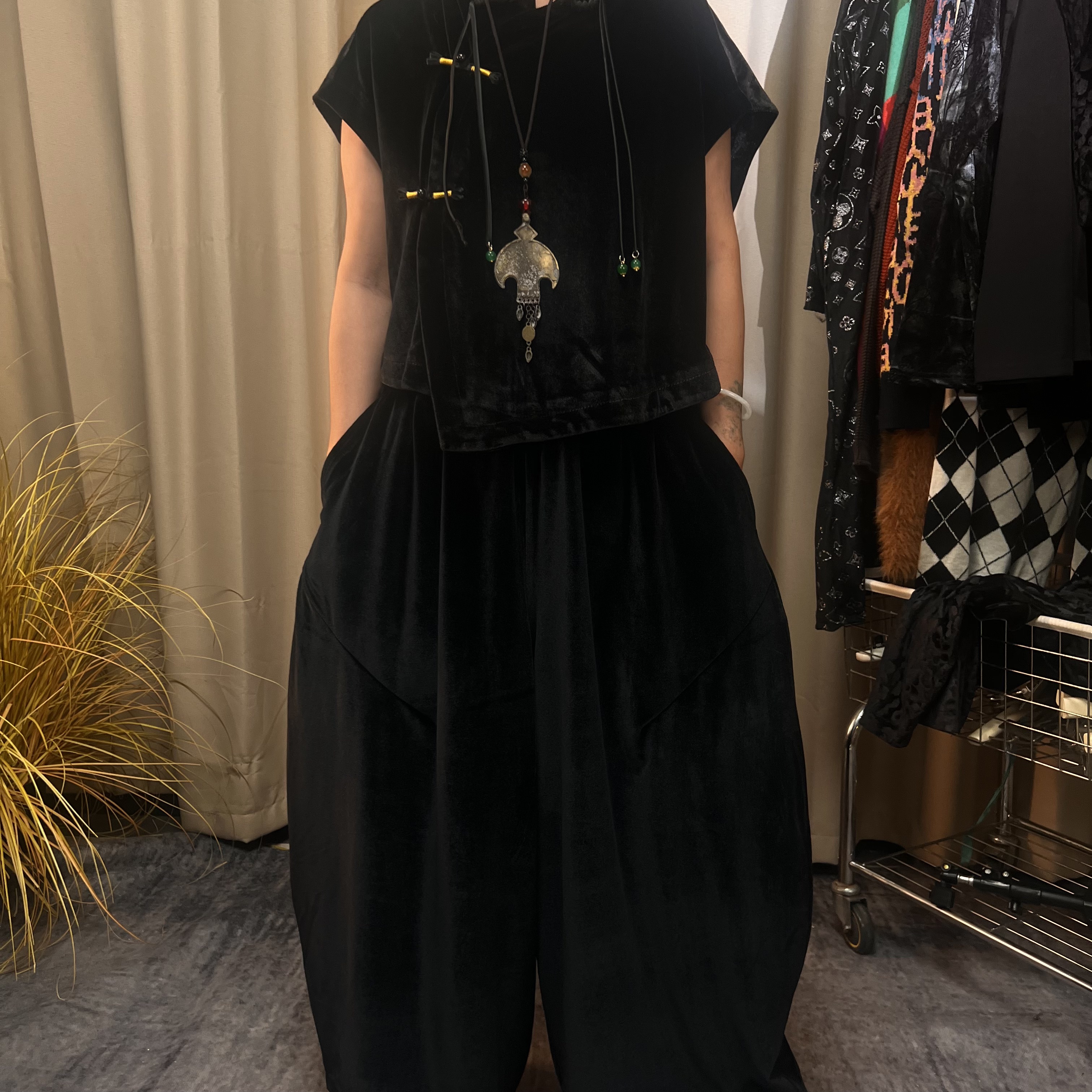 爆款黑金丝绒国风套装大码胖MM秋冬贵妇