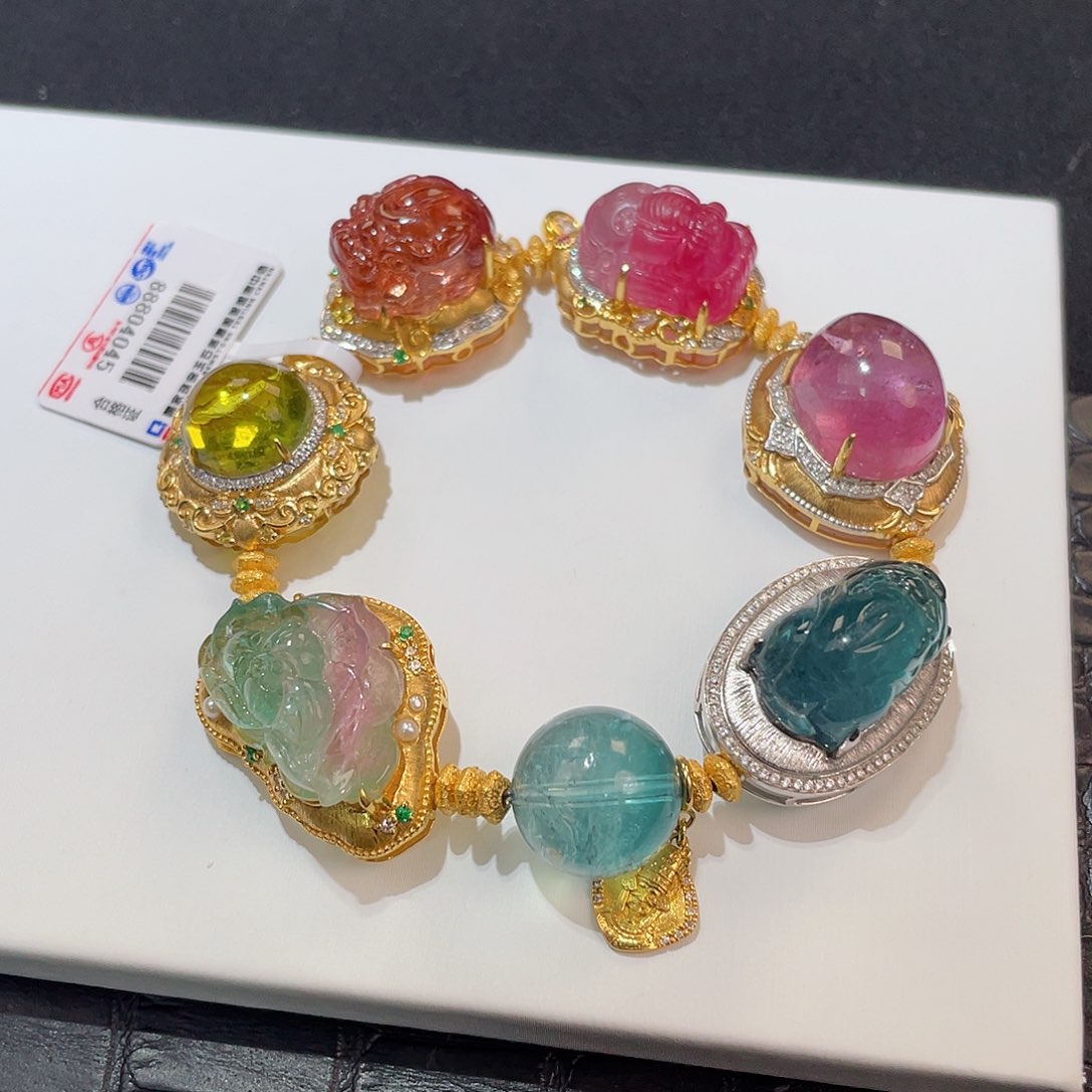 碧玺手链18K金镶嵌 藏品级 魔盒多宝 设计款