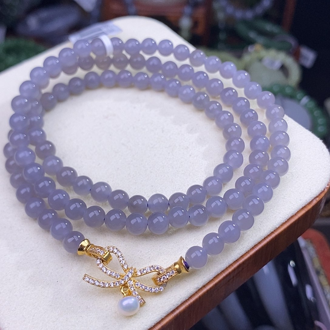 和田玉未镶嵌浓烟紫冰底仙紫米珠链5,5mm