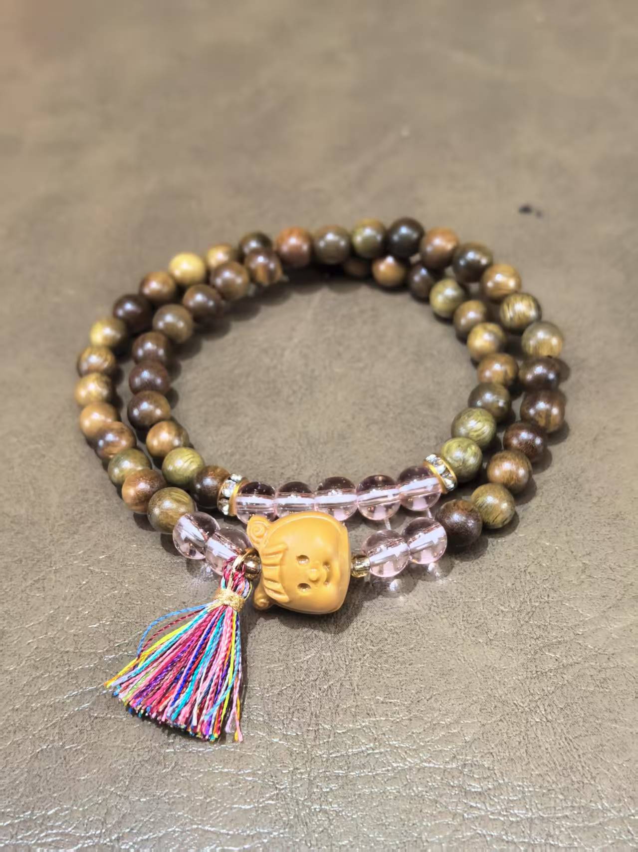 精选绿檀0.6双圈设计款手串搭配（无礼盒）A412