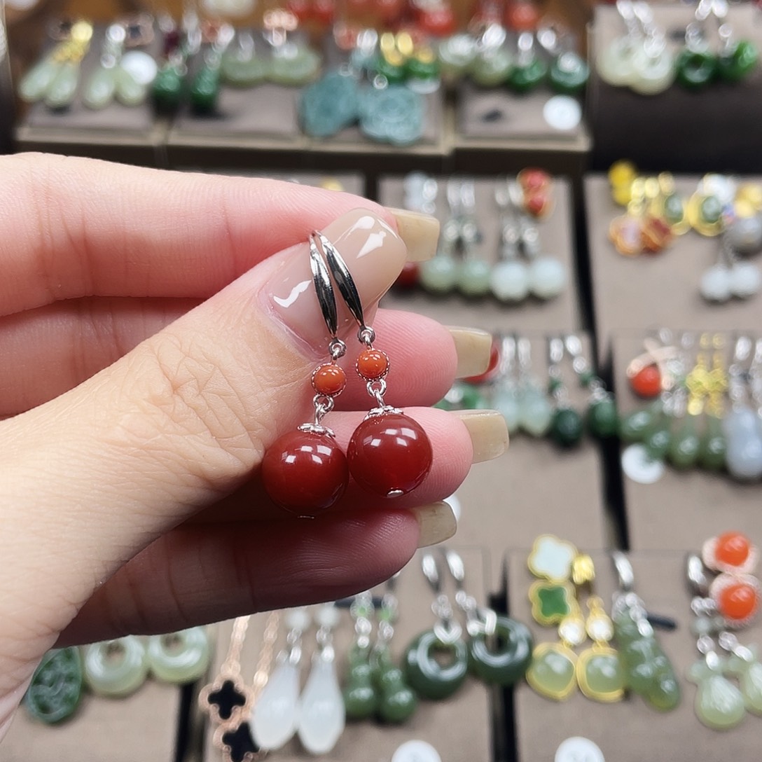 玛瑙/玉髓银S925镶嵌耳饰