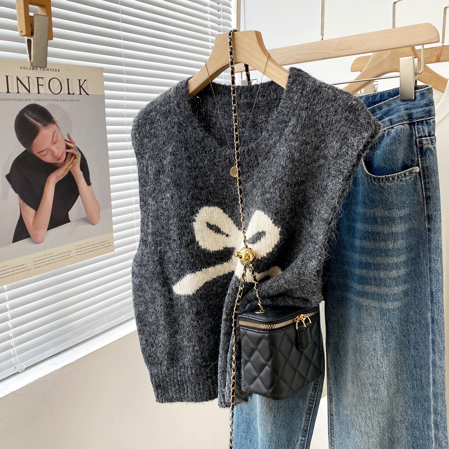 2025新款蝴蝶结针织马甲女春秋冬叠穿毛衣背心韩版ins无袖上衣