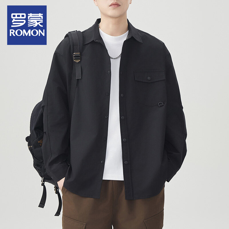 Romon/罗蒙工装衬衫男士长袖新款春秋高级感休闲帅气港风衬衣外套