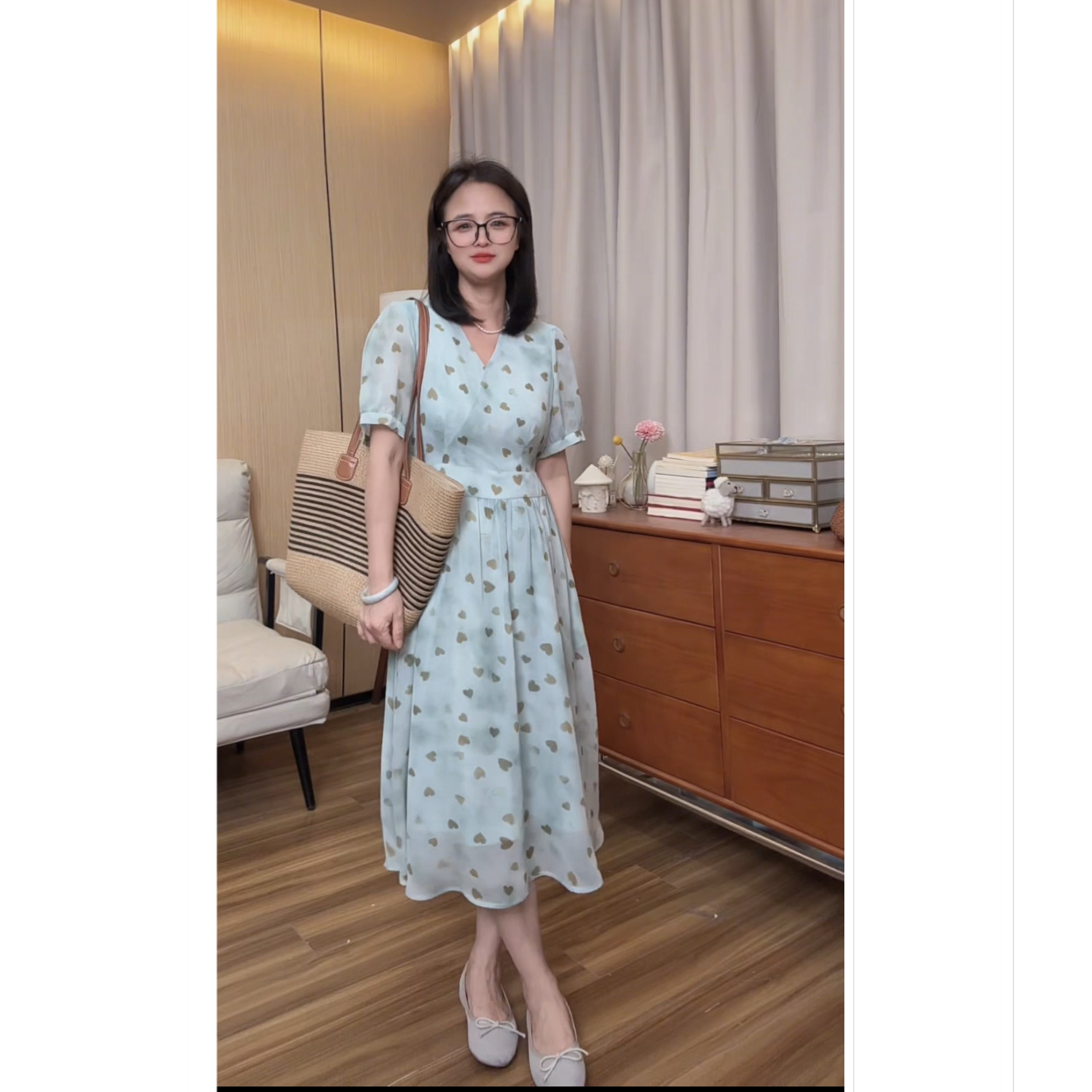 小个子温柔风连衣裙收腰显瘦洋气印花爱心中长款气质裙子--068