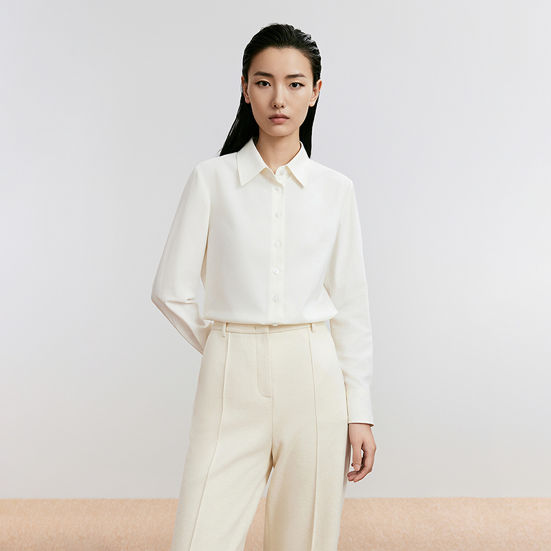 LANCY/朗姿冬新款绵羊毛白色翻领长袖衬衫女简约百搭显瘦上衣