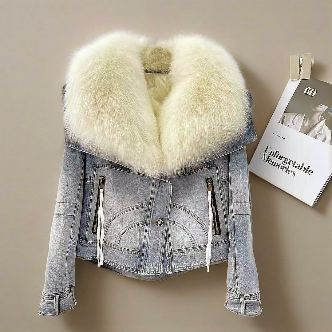 TYNS【375】秋冬季鹅绒欧货牛仔拼接狐狸毛领牛仔时尚百搭加绒外套