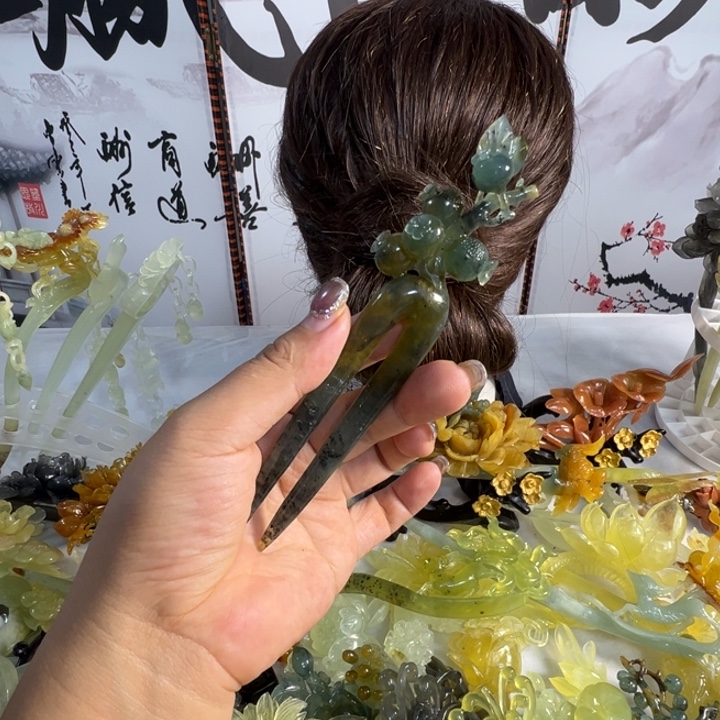浮***）定制蛇纹石玉毛货发饰