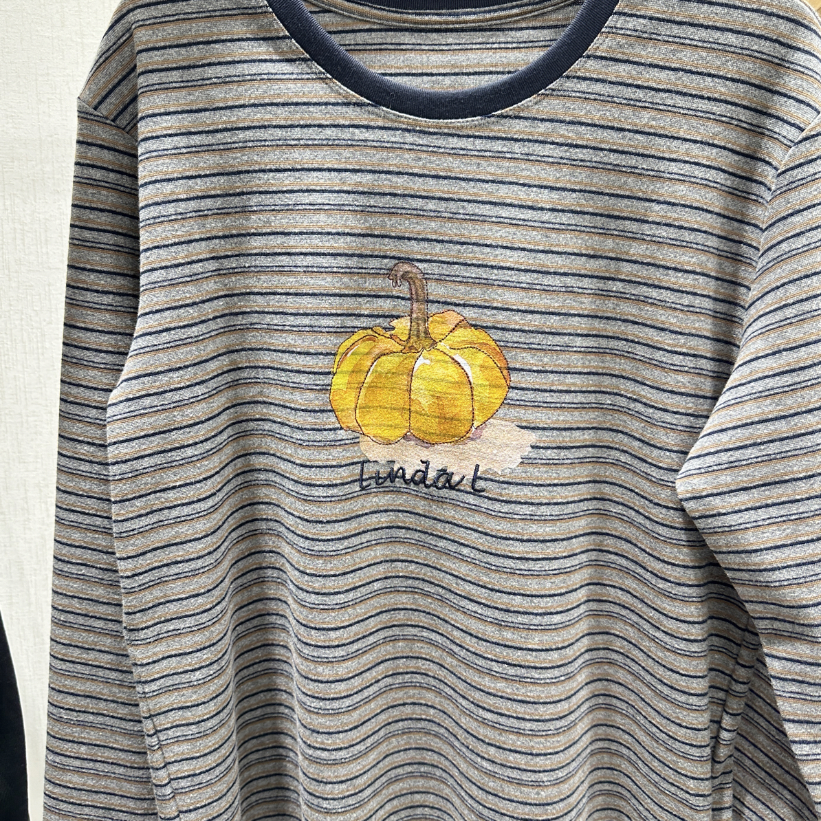 撞色条纹女长袖圆领T恤秋季套头