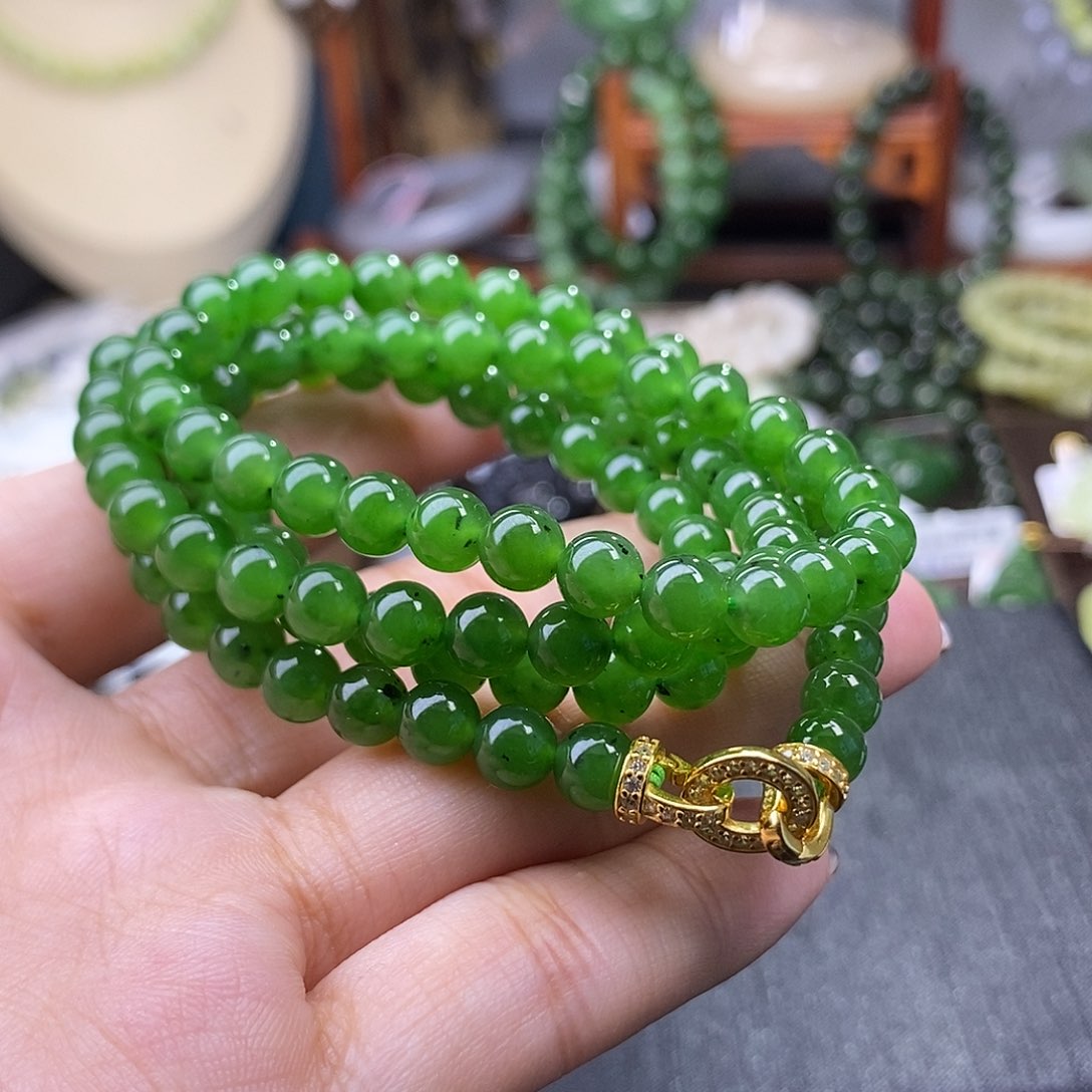 和田玉毕业级老矿料碧玉珠链6m未镶嵌