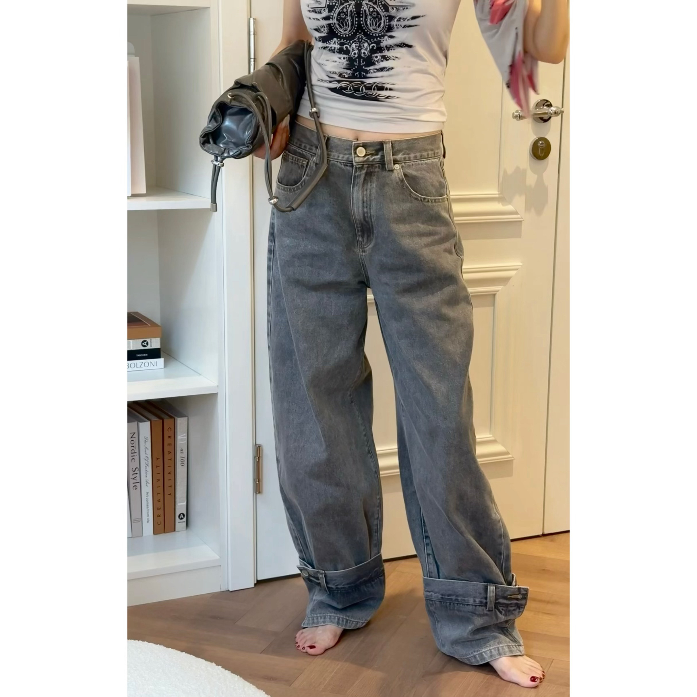 Almonds.灰白复古水洗牛仔裤时尚直筒阔腿宽松夏季长裤设计感显瘦