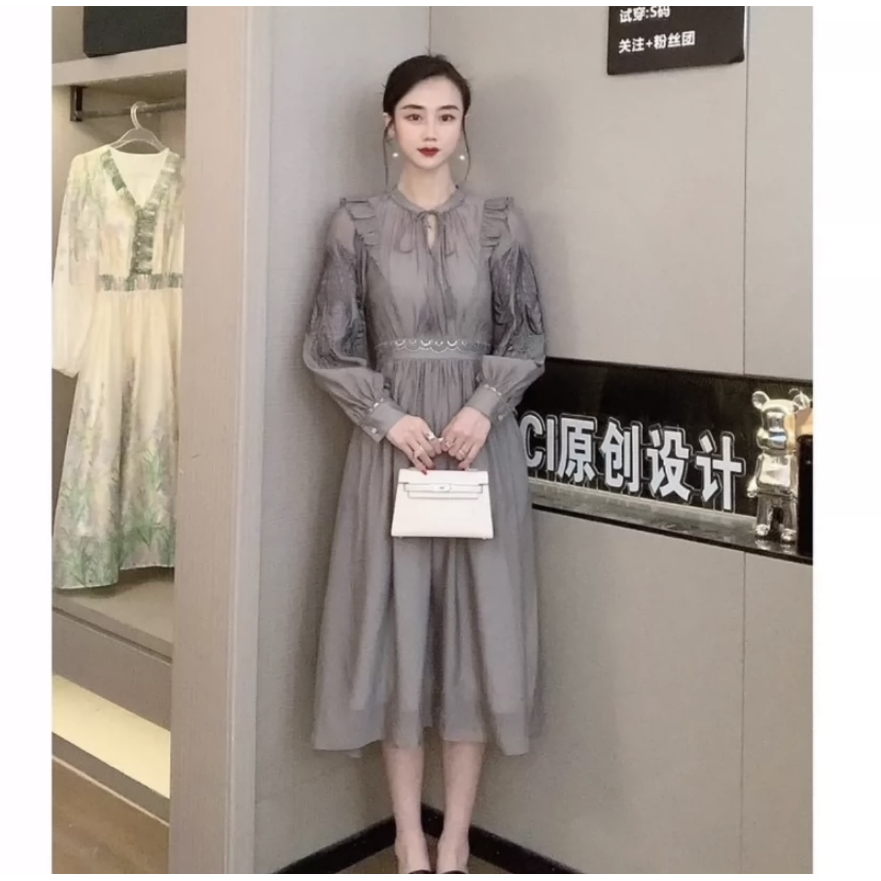 C4孔雀南飞春季长款法式气质显瘦连衣裙