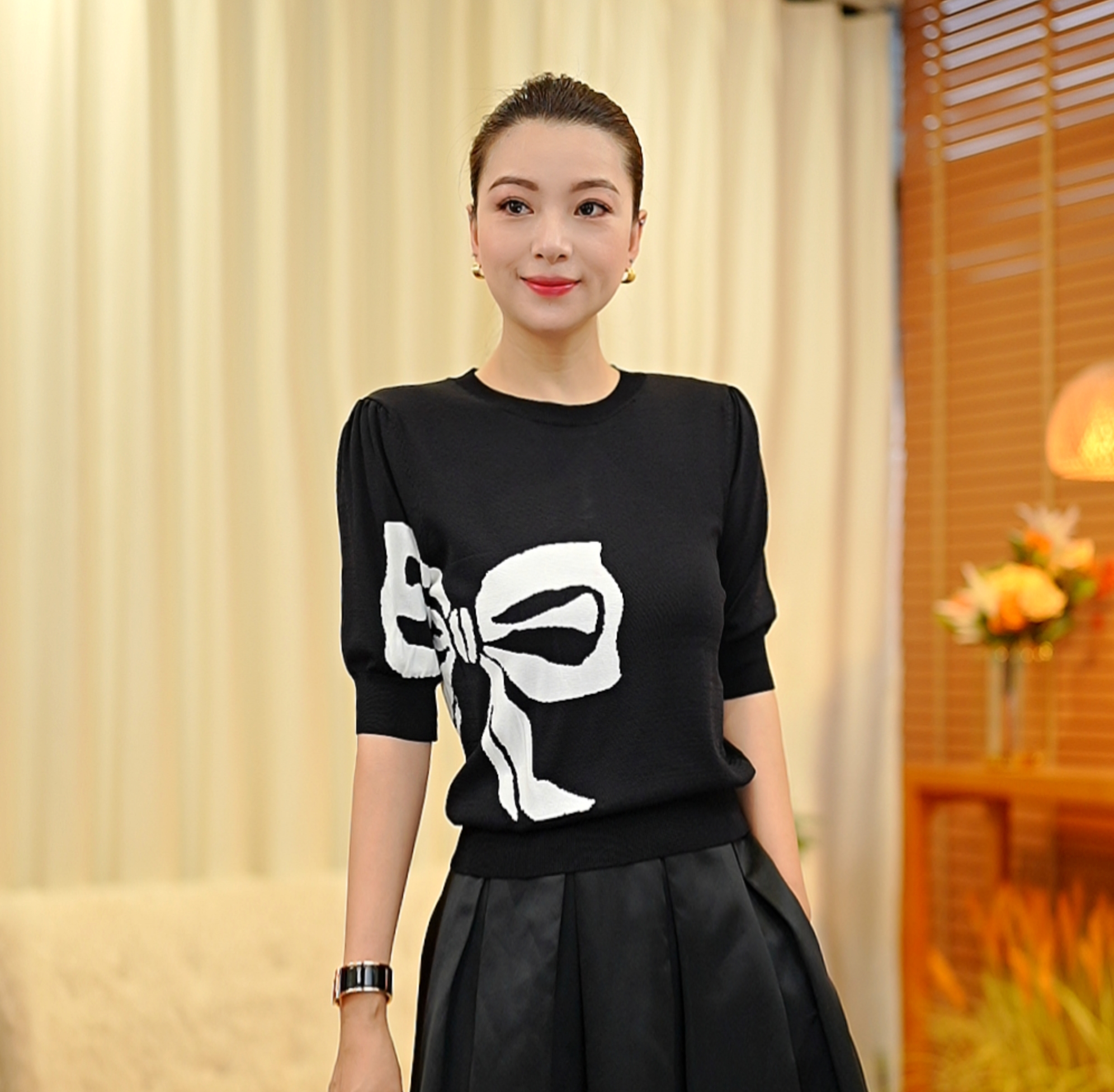 短袖针织衫女2025夏季新款蝴蝶结上衣薄款8057