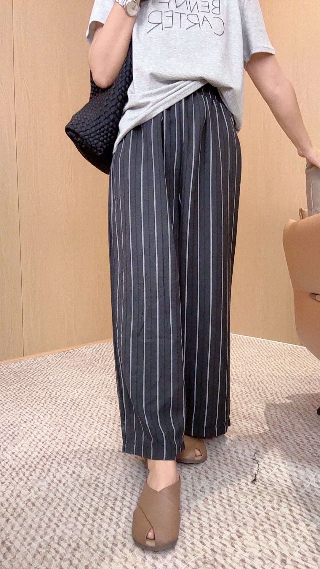 夏季爆款条纹宽松显瘦高腰直筒休闲条纹裤 A8829