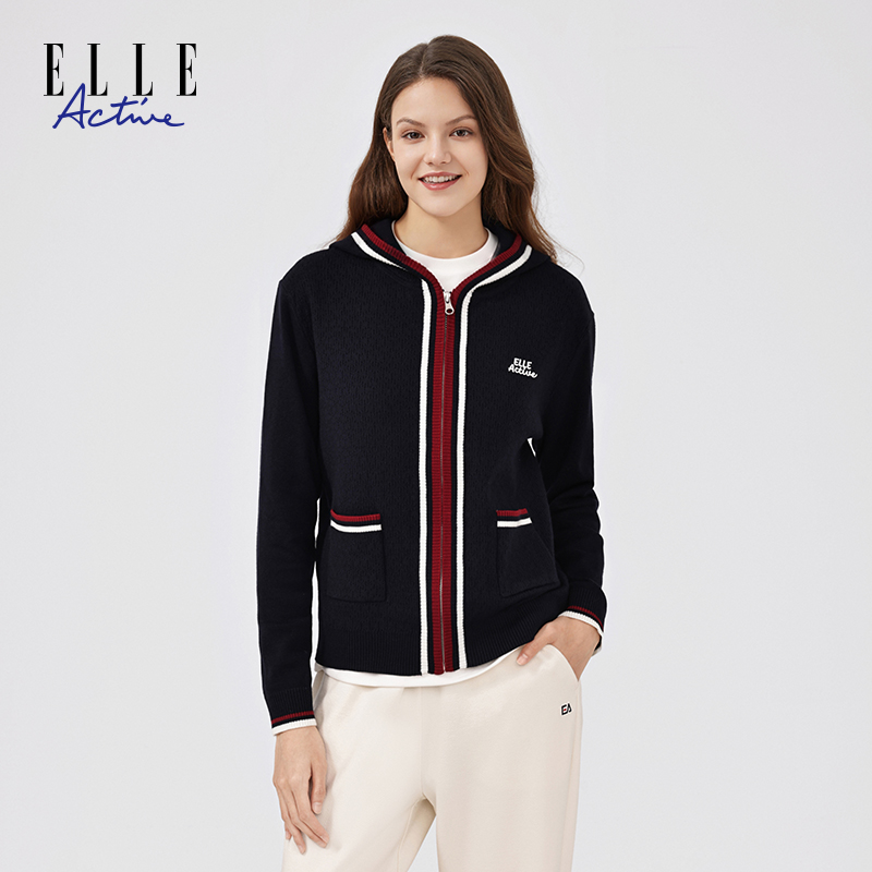 ELLE Active【含绵羊毛】撞色针织连帽拉链外套女休闲保暖柔软毛衣