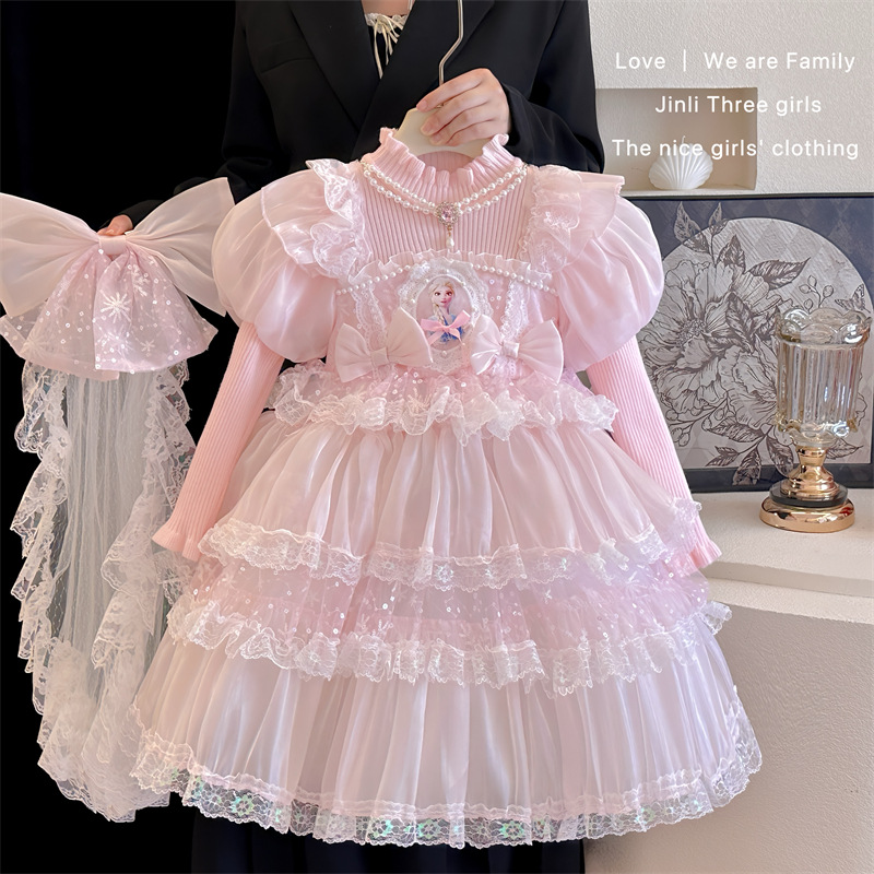 女童秋冬爱莎毛衣公主裙新款韩版洋气儿童艾莎礼服裙网纱连衣裙