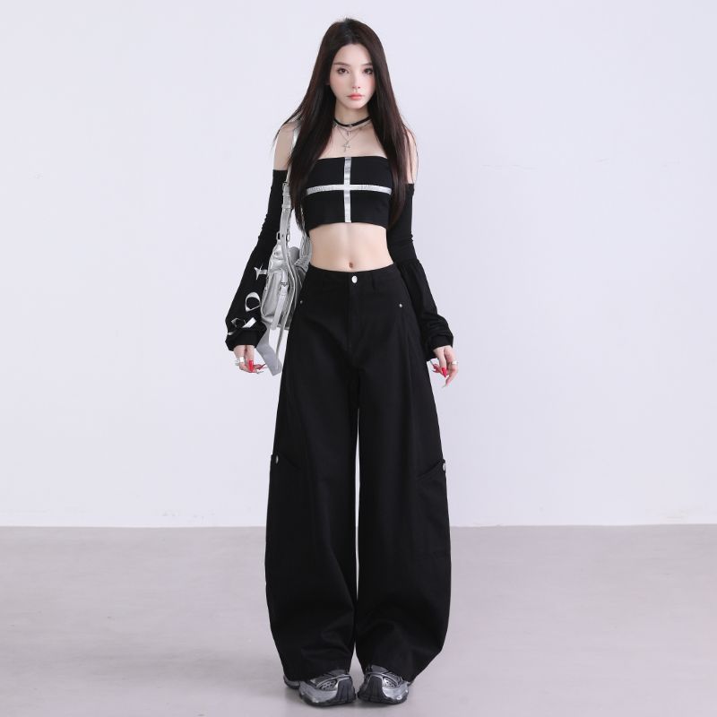  2059秋季新款复古老钱风高腰显瘦工装休闲裤女宽松阔腿弯刀裤