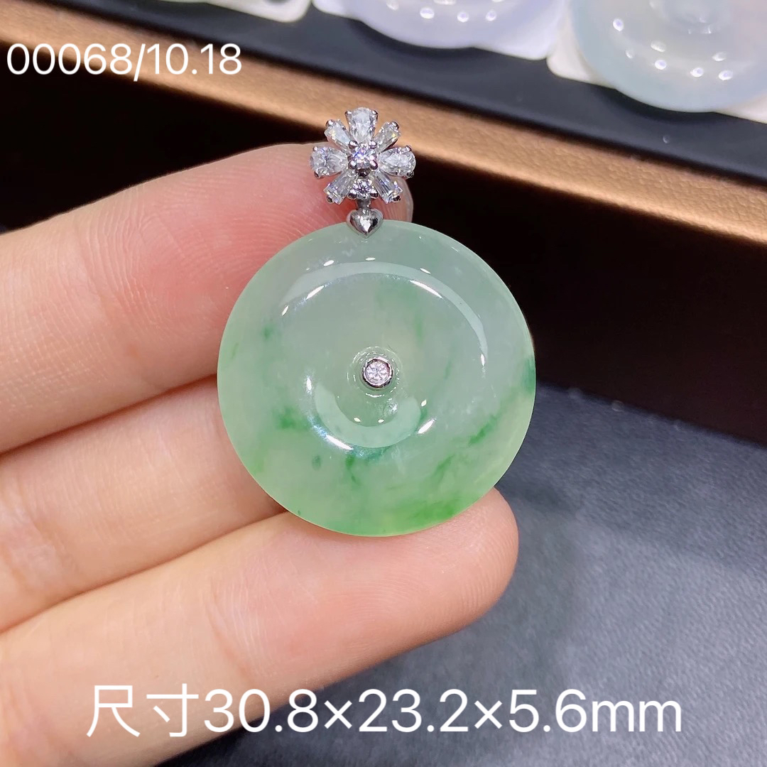 天然缅甸天然A货翡翠冰种18K金镶嵌飘金丝绿平安扣吊坠气质Z