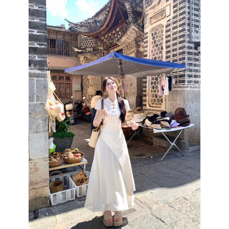 短袖新中式连衣裙透纱薄纱长裙女装设计感白色复古旗袍裙