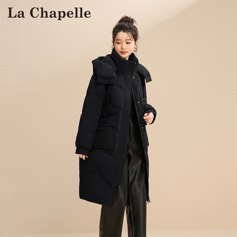 La Chapelle city黑色中长款羽绒服女款冬季新连帽保暖廓形0884