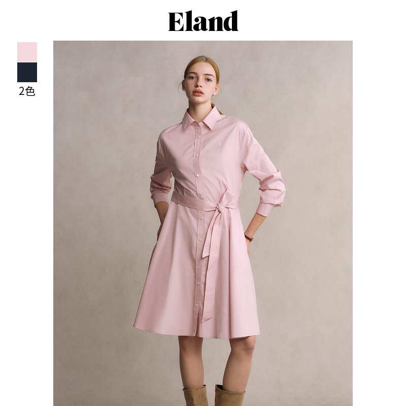 【商场同款新品】Eland衣恋连衣裙欧若智性系带收腰长裙EEOWF23E02