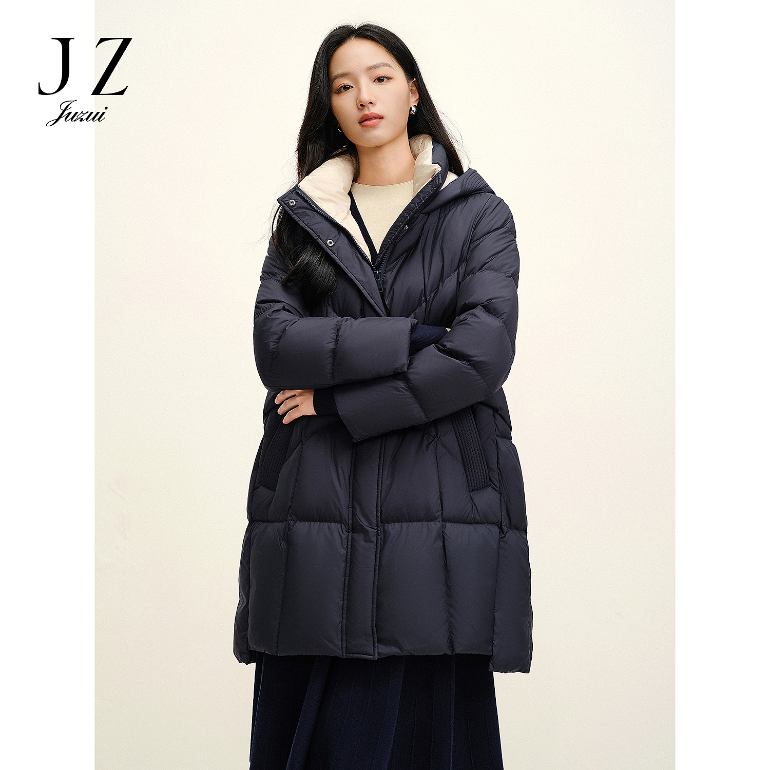 JUZUI玖姿JWED03210休闲减龄里外撞色鸭绒羽绒服女2025冬季