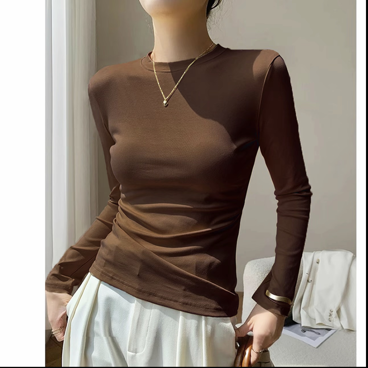 新款冬季加绒经典基础百搭圆领长袖T恤修身洋气内搭显瘦打底上衣