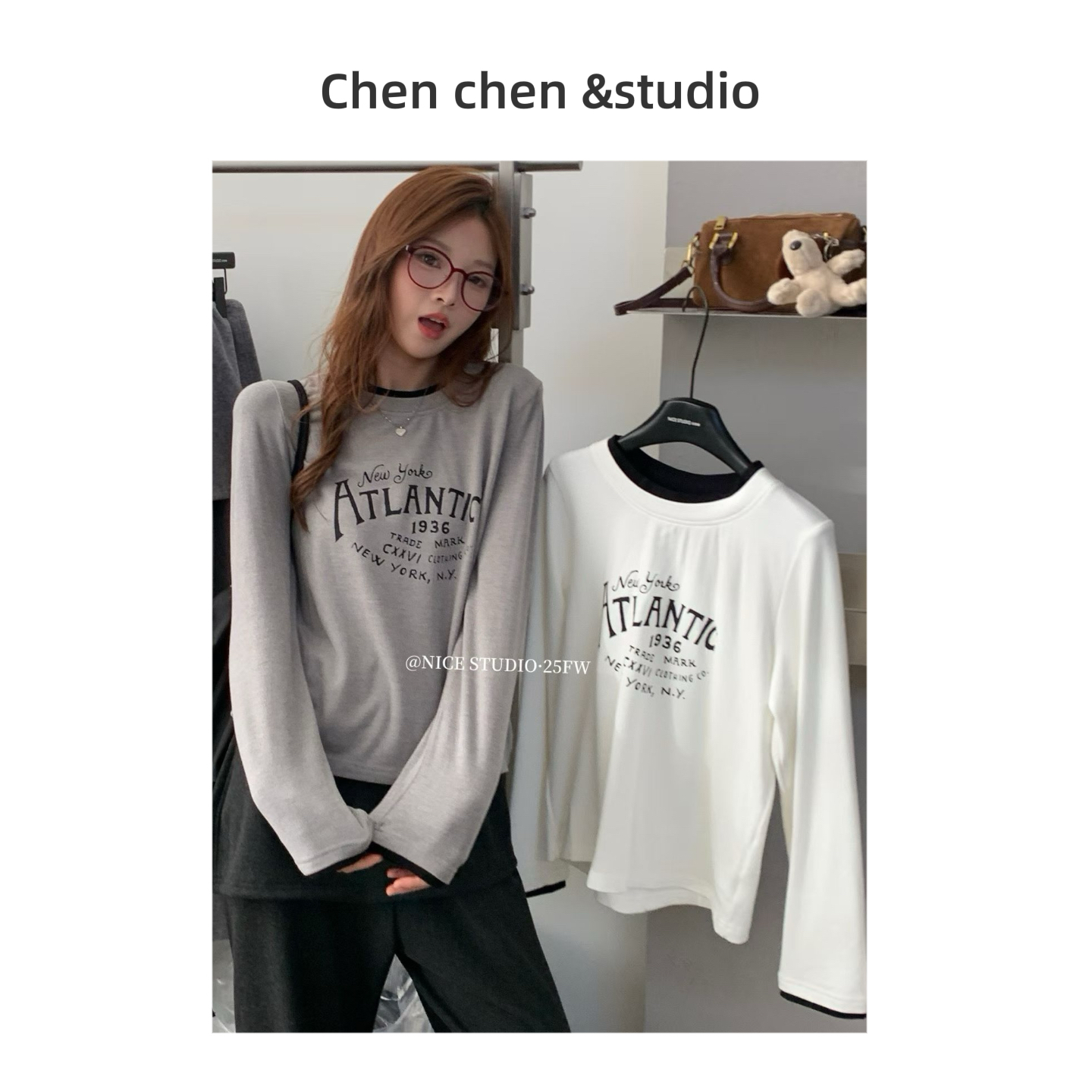 【撞色拼接圆领T恤】正肩长袖宽松显瘦设计感小众秋冬款打底上衣