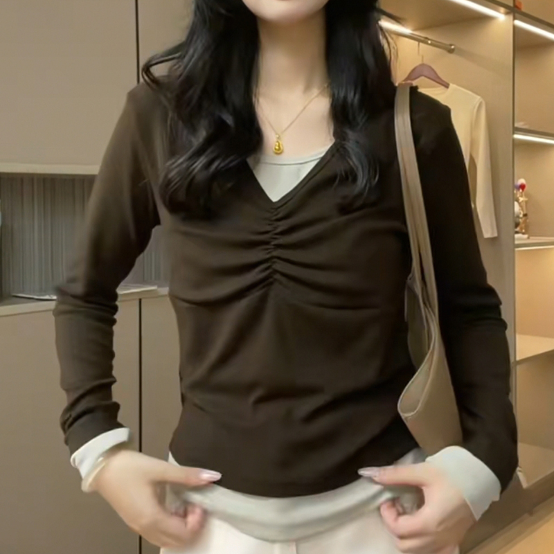 假两件褶皱收腰长袖T恤女撞色设计感修身显瘦叠穿打底衫