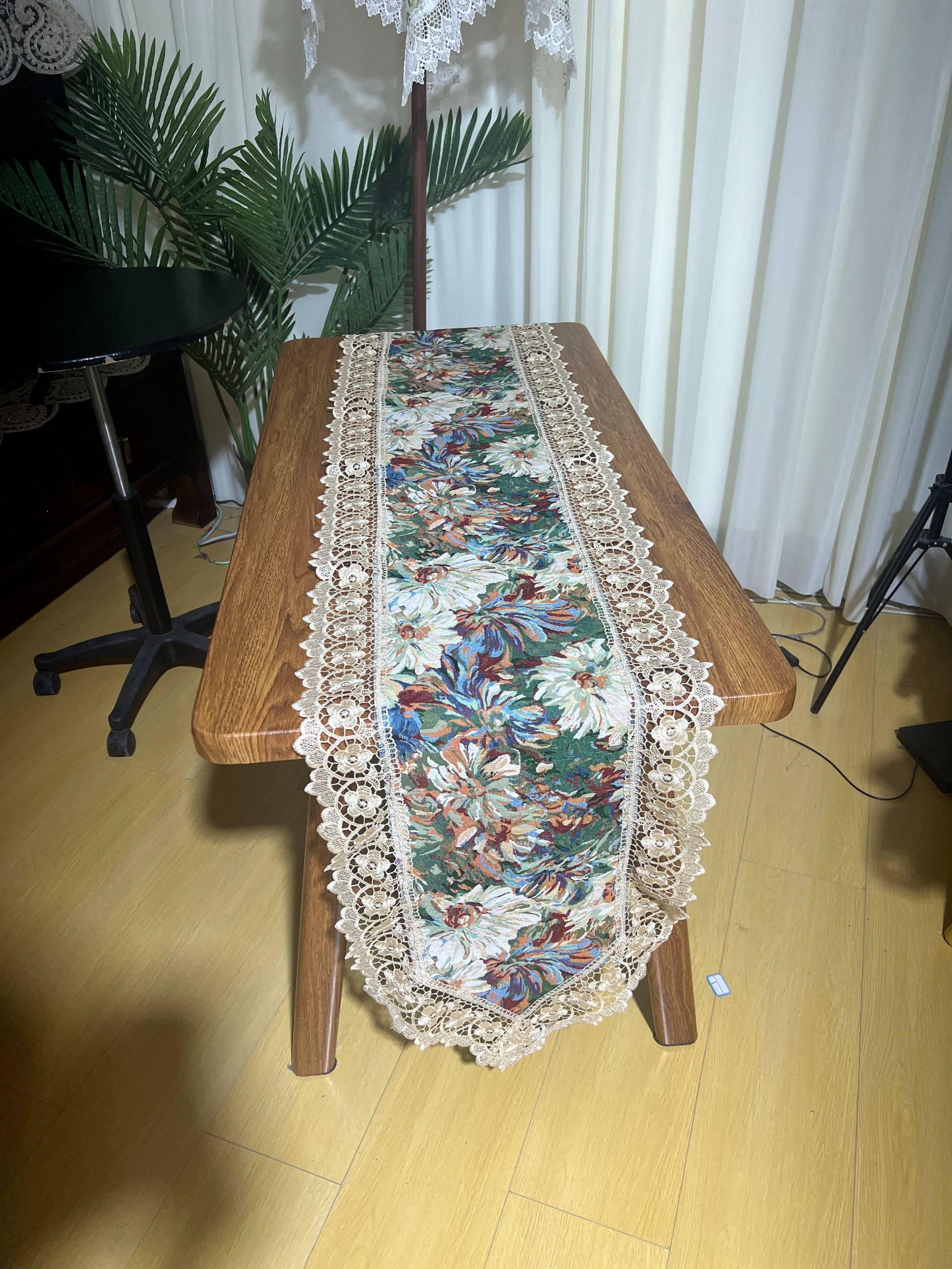 ZN107-76棉麻交织布【40*250】彩菊水溶花边桌旗棉麻交织布棉边桌布