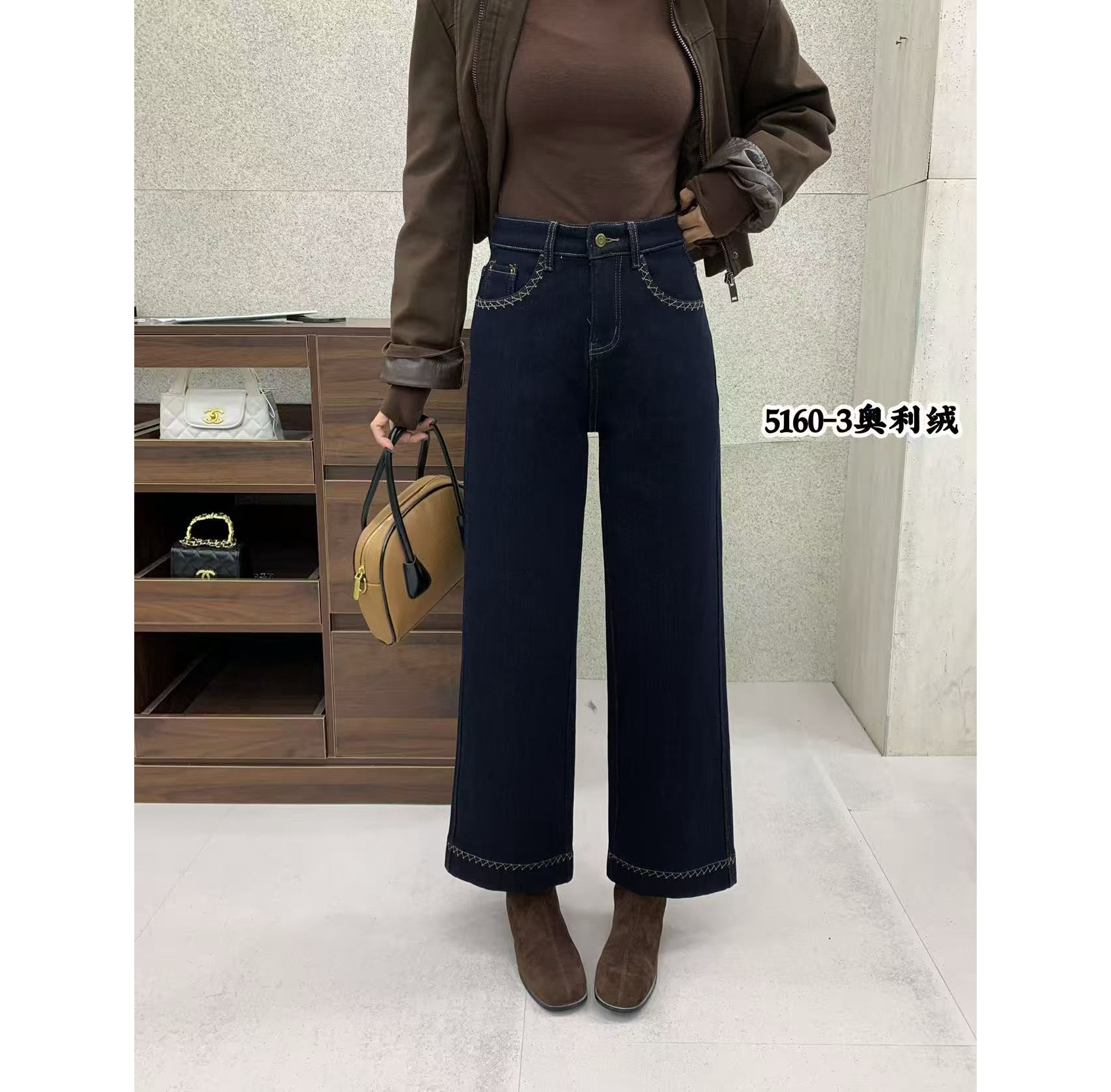 刺绣黑金普洗小个子九分直筒裤加绒加厚弹力高腰显瘦牛仔裤女5160