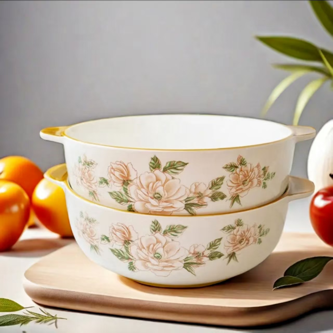 2只9英寸双耳碗山茶花 破损补发 