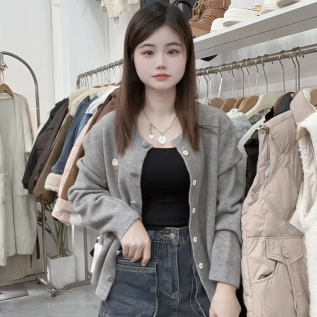 蘑菇刺绣针织开衫圆领韩版宽松长袖纯色毛衣外套上衣秋冬