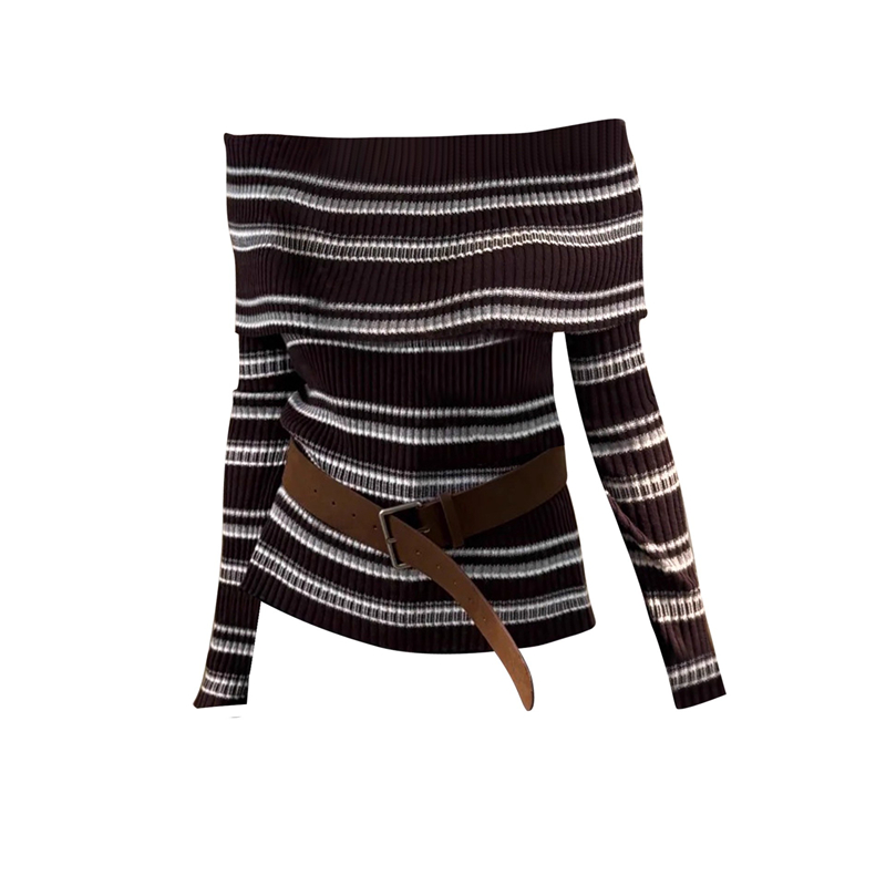 法式咖色性感露肩一字领毛衣收腰显瘦条纹针织衫洋气百搭上衣女