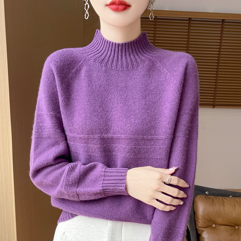 半高领针织衫女七针加厚插肩长袖新款宽松100%纯羊毛上衣宽松毛衣