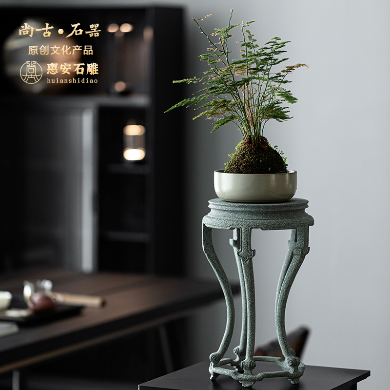 尚古石器整块青石雕刻博古架底座 明式居·束腰带托尼摆件托架