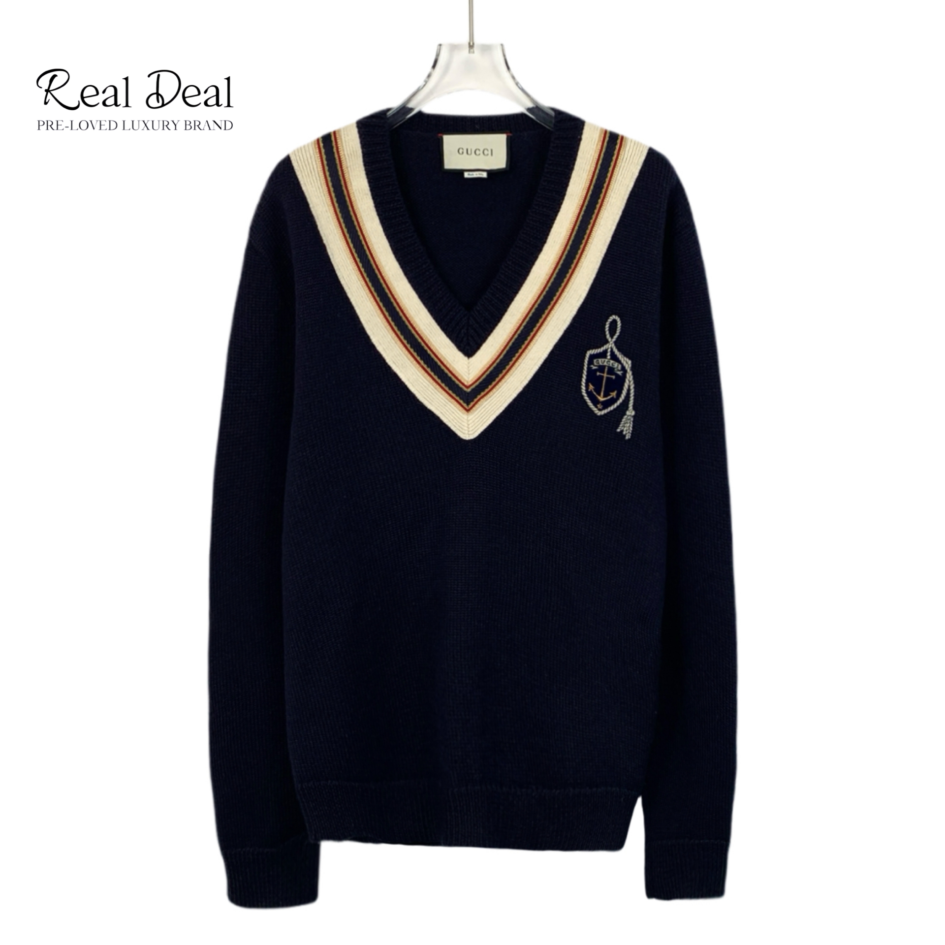 99新 GUCCI/古驰  H12886  条纹船锚刺绣针织衫 M码