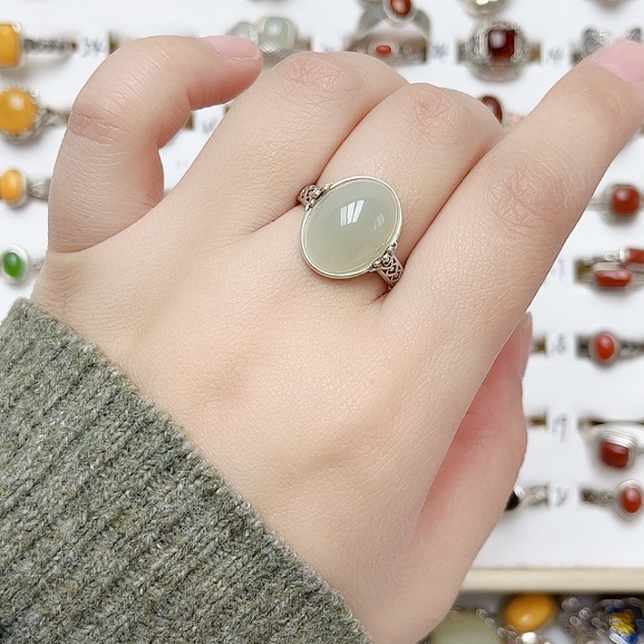 和田玉戒指银S925镶嵌天然