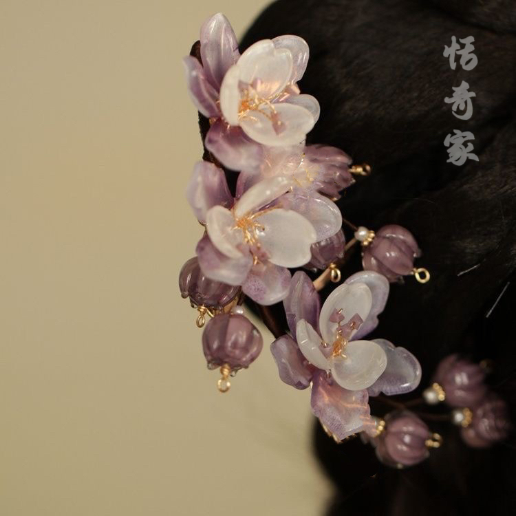 恬奇家a780”紫玲双钗“高定琉璃木质u型发簪发钗配饰国风宋制原创