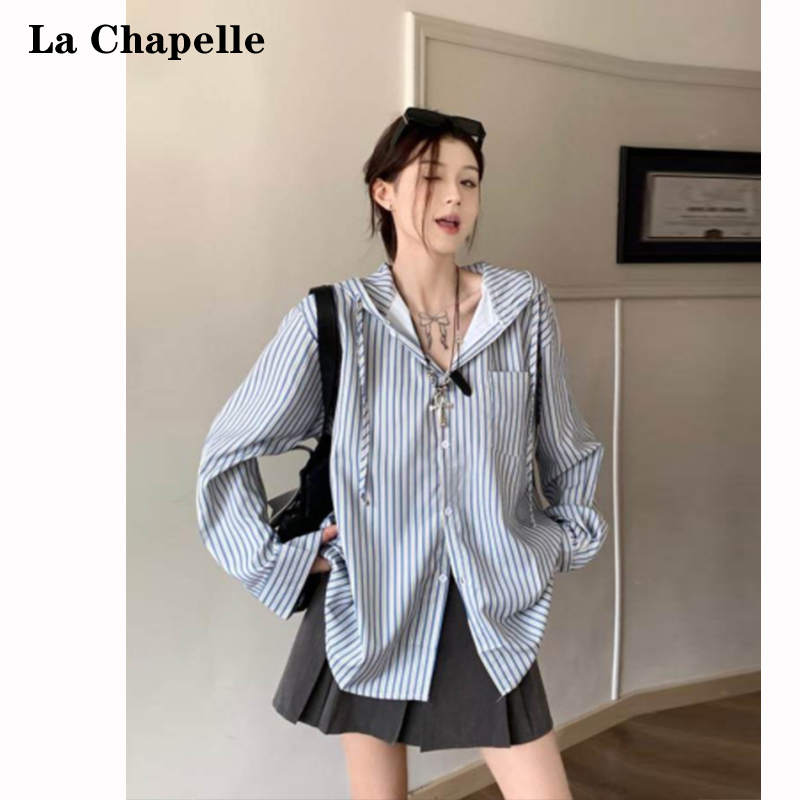 La Chapelle/拉夏贝尔春夏新款连帽衬衫竖条纹韩勤简约女长袖外套